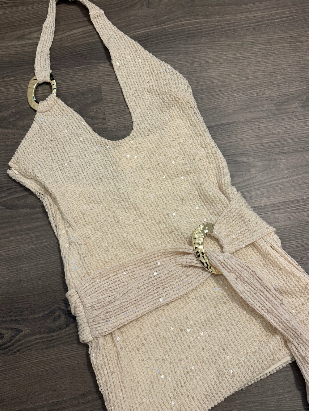 OUTCAST Beige Sequin Halter Knit Dress with Gold Ring Belt